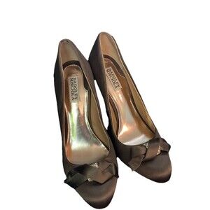 Badgley Mischka Jeannie Brown Gold Satin Rhinestone Heels Sz 9.5 Designer 2000s